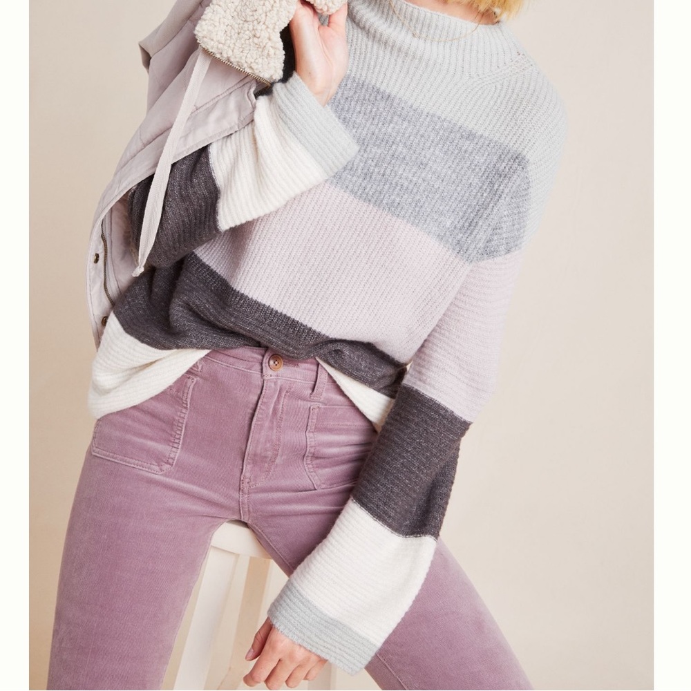Fred and Sibel Anthropologie mock neck purple striped sweater